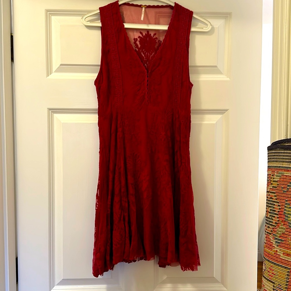 Free People red lace, v-neck in front with slightly see-through lace in back